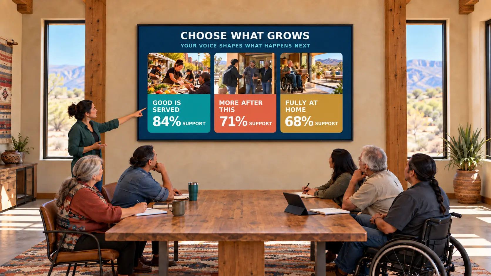 A diverse community group reviewing and voting on three possible initiatives displayed on a screen