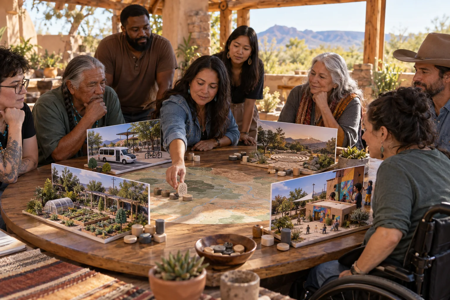 A diverse group choosing among community possibilities gathered around a table