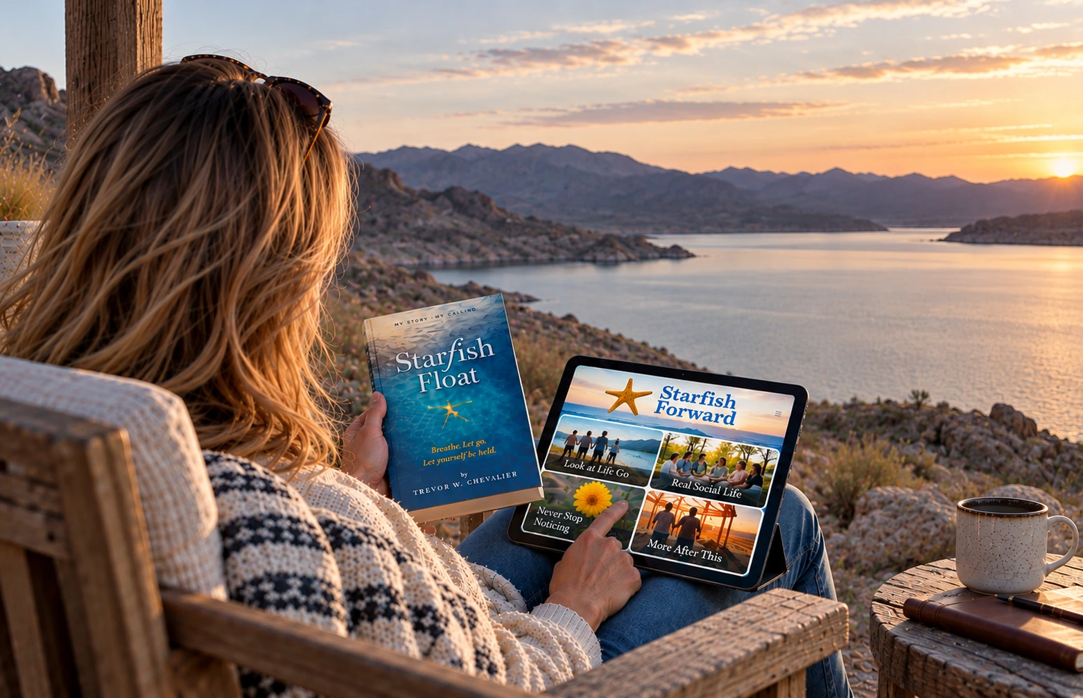Reader holding Starfish Float beside a tablet displaying Starfish Forward while overlooking a lake at sunset