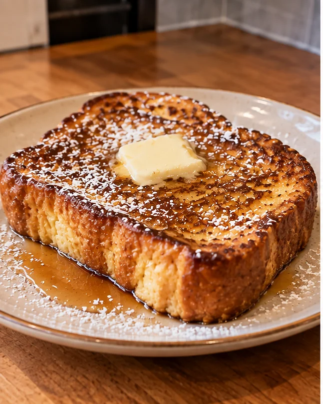 Thick Texas-toast French toast with butter, powdered sugar, and syrup on a cream plate