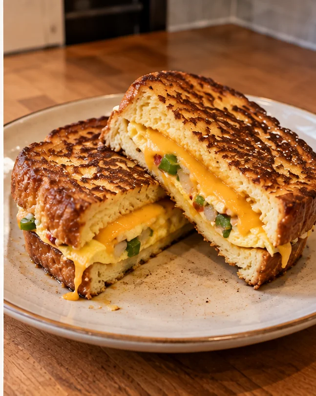 Cut French toast sandwich showing a thin fried egg with onion and peppers and melted cheese