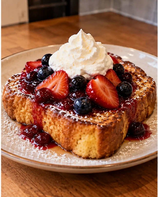 Thick French toast with strawberries, blueberries, berry compote, and whipped cream