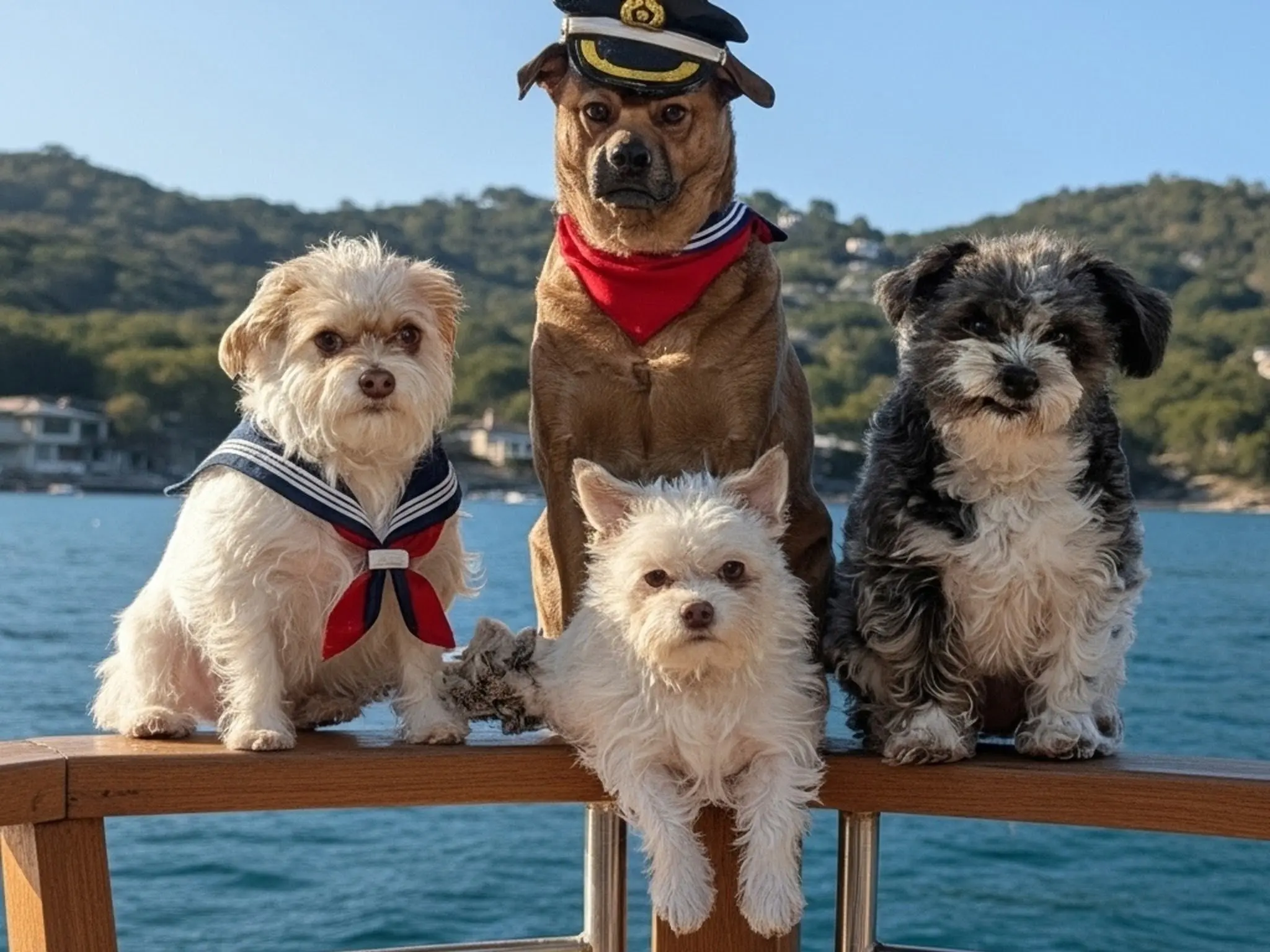 Trevor’s four fur girls together on a boat: Phoebe, Penny, Polly, and Pippi