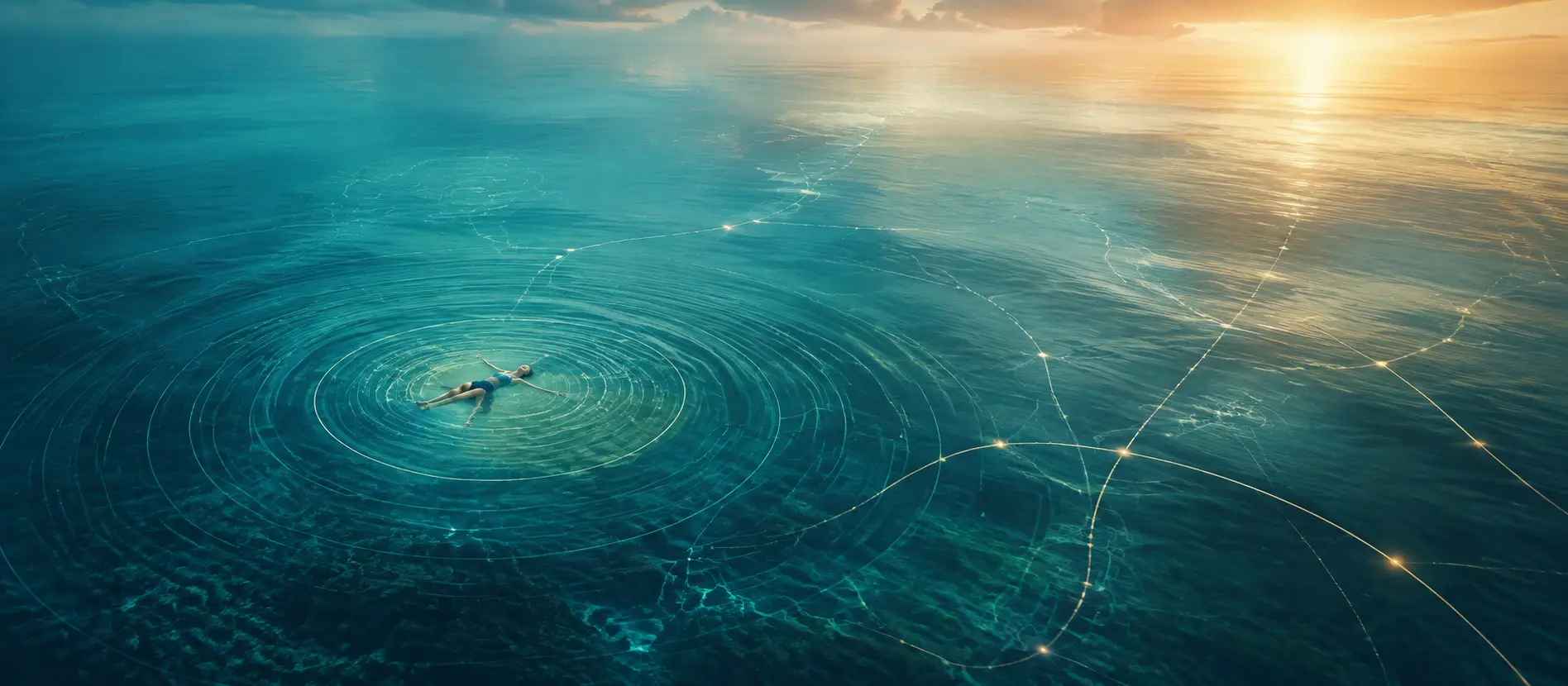 Trevor floating in open water as ripples and paths of light spread outward